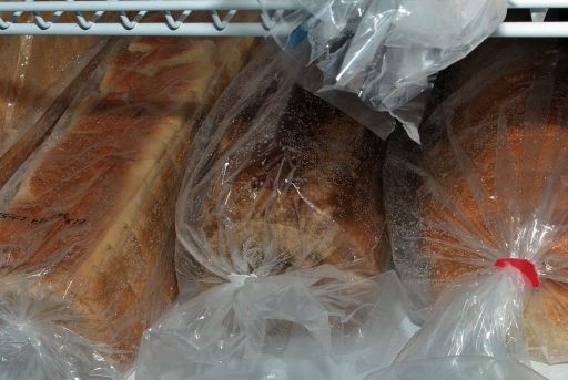 bread loaves in a freezer.